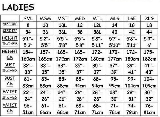 Body Glove Size Chart